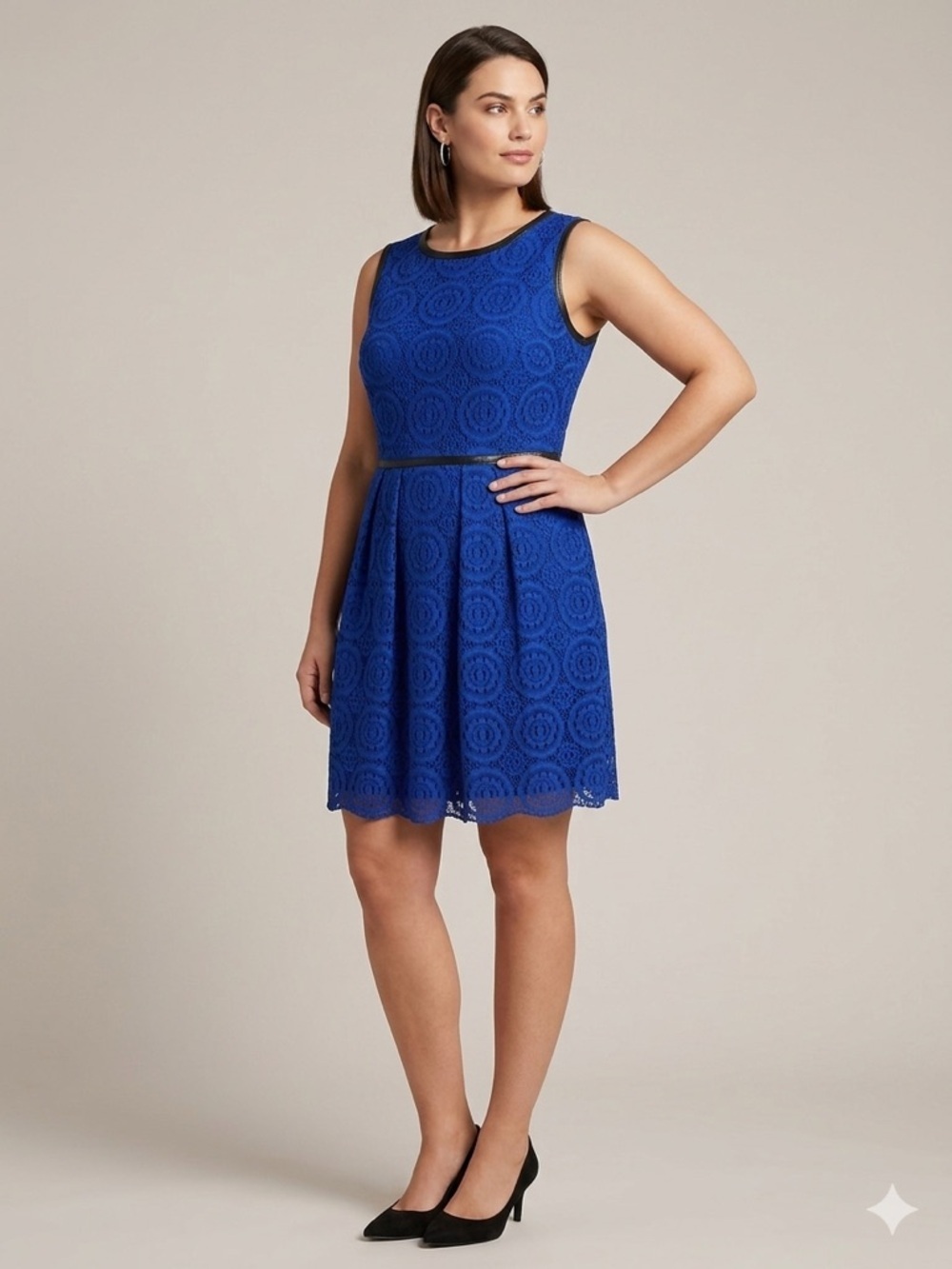 Enfocus Studio Blue Lace Fit & Flare Dress Size 12 Faux Leather Trim Sleeveless
